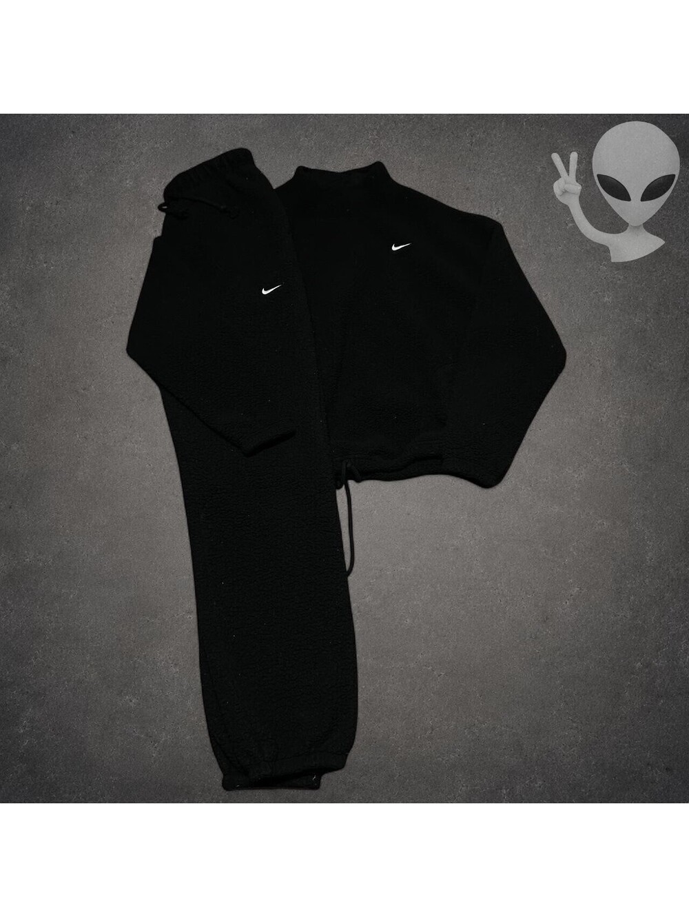 Nike Womens Fleece Tracksuit Set L Black Oversized Cropped Hoodie Sweatpants